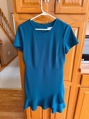 London Times Teal Short Sleeve Ruffle Hem Dress